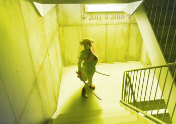 Rule 34 | 1girl, 2017, 2018, absurdres, aiguillette, arms at sides, backlighting, belt, belt buckle, blonde hair, boots, brown boots, buckle, closed mouth, commentary request, daiba nana, dual wielding, full body, fur-trimmed jacket, fur trim, green eyes, green ribbon, grey skirt, hair ribbon, highres, holding, holding sword, holding weapon, idobata, indoors, jacket, jacket on shoulders, katana, long sleeves, looking at viewer, miniskirt, pleated skirt, railing, red sash, ribbon, sash, shade, shadow, short hair, short twintails, shoujo kageki revue starlight, shoulder sash, single horizontal stripe, skirt, solo, stairs, stairwell, standing, striped clothes, striped skirt, sword, tassel, twintails, waist cape, weapon, white jacket, yellow belt