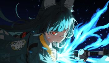 1girl absurdres animal_ear_fluff animal_ears aqua_jacket black_background black_gloves black_hair black_necktie blue_fire closed_mouth commentary_request fingerless_gloves fire fox_ears fox_girl gloves highres holding holding_sword holding_weapon hoshimi_miyabi jacket katana long_hair looking_at_viewer necktie red_eyes shinarika396 shirt single_fingerless_glove solo sword upper_body weapon white_shirt zenless_zone_zero
