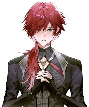 black_gloves black_shirt cleavage_cutout clothing_cutout commentary fingerless_gloves furrowed_brow gloves green_eyes hair_between_eyes highres interlocked_fingers key lauren_iroas lauren_iroas_(1st_costume) long_hair long_sleeves male_focus nijisanji parted_lips ponytail r9ckst6r red_hair shirt side_ponytail simple_background solo straight-on symbol-only_commentary turtleneck upper_body virtual_youtuber white_background