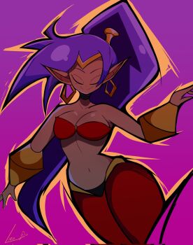 1girl 2024 artist_name bare_shoulders bra breasts closed_eyes commentary dancing dark-skinned_female dark_skin earrings english_commentary female_focus gold_choker harem_outfit harem_pants highres jewelry large_breasts leo_clock long_hair midriff navel o-ring outline pants pointy_ears purple_background purple_hair red_bra red_pants shantae shantae_(series) strapless tiara title tube_top underwear vambraces very_long_hair wayforward
