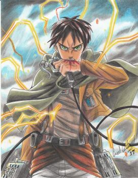 1boy 2017 artist_name belt biting_hand brown_hair brown_jacket cape electricity eren_yeager green_cape green_eyes holding jacket male_focus open_clothes open_jacket paradis_military_uniform ravernclouk_design shingeki_no_kyojin solo standing teeth traditional_media upper_teeth_only