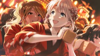 black_eyes black_hair blue_eyes brown_hair building closed_eyes dark-skinned_female dark_skin earrings game_cg grey_hair headband highres holding idolmaster idolmaster_shiny_colors idolmaster_shiny_colors_song_for_prism izumi_mei japanese_clothes jewelry mayuzumi_fuyuko official_art open_mouth orange_eyes serizawa_asahi straylight_(idolmaster)