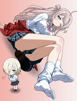Rule 34 | 2girls, :<, ;), absurdres, ahoge, blue skirt, blush, breasts, cardigan, cardigan partially removed, chibi, closed mouth, collared shirt, commentary, convenient skirt, feet, foot blush, foot focus, full body, gradient background, green ribbon, grey hair, gyaru, hair rings, highres, kogal, large breasts, long hair, long sleeves, looking at viewer, loose socks, love live!, love live! nijigasaki high school idol club, medium hair, mia taylor, mini person, minigirl, miniskirt, multiple girls, neck ribbon, nijigasaki school uniform, one eye closed, pink background, pink hair, pink ribbon, plaid clothes, plaid skirt, pleated skirt, purple eyes, red cardigan, ribbon, school uniform, shirt, shoes, short sleeves, sitting, size difference, skirt, smile, socks, soles, solo focus, sparkle, split mouth, summer uniform, triangle mouth, two side up, unworn shoes, white shirt, white socks, zaofeng, zhong lanzhu