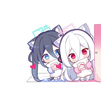 2girls animal_ear_fluff animal_ears aris_(blue_archive) black_hair blue_archive blue_eyes blush_stickers cat_ears cat_girl cat_tail chibi chibi_only closed_mouth commentary doodle_sensei_(blue_archive) double-parted_bangs full_body green_halo hair_between_eyes halo holding holding_pillow kei_(blue_archive) kei_(new_body)_(blue_archive) kemonomimi_mode long_hair long_hair_between_eyes looking_at_viewer multiple_girls pillow pink_halo rectangular_halo red_eyes sensei_(blue_archive) simple_background socks standing subin_(subin_2011) tail white_background white_hair white_socks