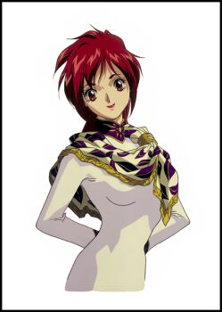 Rule 34 | 1990s (style), 1girl, arms behind head, black border, border, cropped torso, dress, eberouge, lipstick, long sleeves, looking at viewer, makeup, non-web source, official art, red eyes, red hair, red lips, retro artstyle, scarf, simple background, smile, solo, tight clothes, tight dress, white background