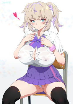 1girl black_thighhighs blue_eyes bow breasts brown_hair button_gap collarbone collared_shirt covered_erect_nipples gluteal_fold gyaru hair_intakes highres huge_breasts joy_ride looking_at_viewer no_bra original panties pantyshot pink_scrunchie pleated_skirt purple_bow purple_skirt school_uniform scrunchie shirt shirt_tucked_in short_sleeves skirt solo spread_legs sweatdrop thighhighs thighs two_side_up underwear white_panties white_shirt wrist_scrunchie