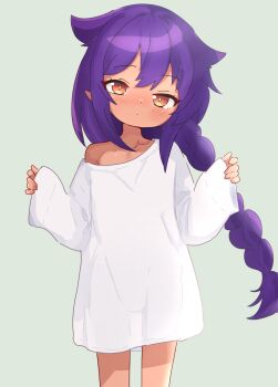 1girl blush braid braided_ponytail closed_mouth dark-skinned_female dark_skin demon_girl dot_mouth dot_nose eyelashes female_focus green_background hands_up jahy jahy-sama_wa_kujikenai! kommandoh loli long_hair looking_at_viewer naked_shirt orange_eyes pointy_ears purple_hair serious shirt simple_background single_bare_shoulder sleeves_past_wrists solo standing transparent w_arms white_shirt