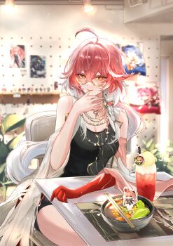 1girl absurdres ahoge alternate_costume bare_shoulders bespectacled braid breasts changli_(wuthering_waves) chinese_commentary cleavage closed_mouth colored_extremities commentary_request glasses hair_between_eyes hair_extensions highres indoors jewelry large_breasts licking licking_finger long_hair looking_at_viewer multicolored_hair necklace orange_eyes pink_hair red_hands ring_hair_extensions sitting smile solo thighs two-tone_hair vardan very_long_hair white_hair wuthering_waves