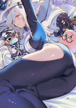 1girl ass blue_dress blush breasts clothing_cutout commission dress duel_monster gandora-g_the_dragon_of_destruction gandora_the_dragon_of_destruction glasses hat highres hip_vent holding holding_stuffed_toy long_hair looking_at_viewer lying marshmallon moremarshmallon on_side parted_lips silent_magician silent_swordsman silent_swordsman_zero stuffed_toy watermark white_hair white_hat yu-gi-oh! yusi_vishnu