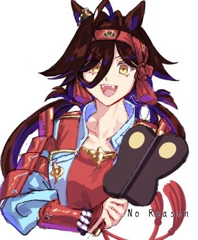 1girl animal_ears antenna_hair armor blue_jacket breasts brown_hair character_name cropped_torso fangs hair_between_eyes headband highres holding holding_weapon horse_ears jacket jagaimobeniko japanese_armor kote long_hair looking_at_viewer no_reason_(umamusume) open_mouth red_shirt shirt shoulder_armor simple_background small_breasts smile sode solo umamusume upper_body v-shaped_eyebrows war_fan weapon white_background