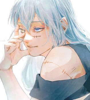 Rule 34 | 1boy, 28cg, absurdres, black shirt, blue eyes, blue hair, clothing cutout, hand up, heterochromia, highres, jujutsu kaisen, long hair, mahito (jujutsu kaisen), male focus, parted lips, shirt, shoulder cutout, simple background, smile, solo, stitches, upper body, white background, yellow eyes