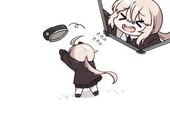 &gt;_&lt; 1girl black_gloves black_necktie black_shoes black_skirt brown_coat cheyanne_(girls&#039;_frontline_2) chibi coat collared_shirt floating_hat flying_sweatdrops full_body girls&#039;_frontline girls&#039;_frontline_2:_exilium gloves highres jiwon_(sj1) long_sleeves m200_(girls&#039;_frontline) multiple_views necktie open_clothes open_coat open_mouth pleated_skirt shirt shoes skirt teeth upper_teeth_only white_shirt