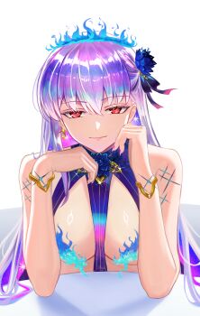1girl absurdres bare_shoulders blue_fire blue_hair blush body_markings bracelet breasts chinese_commentary colored_inner_hair commentary earrings fate/grand_order fate_(series) fire flower hair_flower hair_ornament hair_ribbon highres jewelry kama_(adult)_(fate) kama_(fate) kama_(swimsuit_avenger)_(third_ascension)_(fate) kama_(third_ascension)_(fate) kaworu13 large_breasts long_hair looking_at_viewer lotus multicolored_hair red_eyes revealing_clothes ribbon smile solo star_(symbol) star_earrings two-tone_hair white_hair
