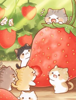 absurdres animal animal_focus cat commentary_request eating flying_sweatdrops food fruit highres no_humans original picocco77 strawberry undersized_animal