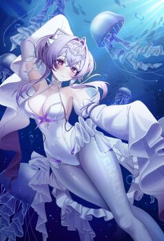 1girl absurdres animal arm_up blush breasts circlet closed_mouth clothes_writing collar covered_navel crossed_bangs detached_sleeves double-parted_bangs feet_out_of_frame frown goddess_of_victory:_nikke grey_hiphighs hair_between_eyes hair_intakes hashtag-only_commentary highres hiphighs jellyfish large_breasts leotard liberalio_(nikke) long_bangs long_sleeves ocean pink_eyes print_hiphighs purple_hair short_hair_with_long_locks sleeves_past_fingers sleeves_past_wrists solo underwater white_collar white_leotard white_sleeves yurang_heart