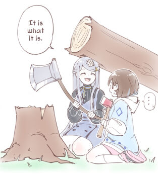... 2girls axe bandaid bandaid_on_head character_request closed_eyes copyright_request english_text grass grey_hair holding holding_axe hood hood_down kneeling long_hair medium_hair multiple_girls on_grass open_mouth original shorts tama_gotoh tree tree_stump white_background yoruny