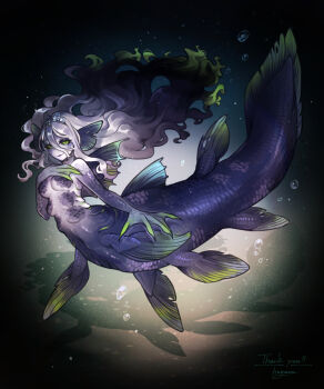 1girl black_sclera blue_hair claws coelacanth colored_sclera colored_skin commentary_request extra_breasts fins fish floating_hair full_body gills gradient_hair green_eyes green_hair hand_on_own_chest head_fins highres hogara long_hair looking_at_viewer mermaid monster_girl multicolored_hair original scales slit_pupils solo tiara underwater very_long_hair webbed_hands white_hair white_skin