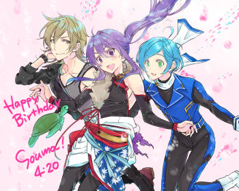 3boys :d adam&#039;s_apple ahoge akatsuki_uniform belt black_arm_warmers black_jacket black_pants blonde_hair blue_belt blue_hair blue_jacket blush boots bracelet brown_footwear bubble character_name closed_mouth clothes_down collarbone commentary_request covered_pectorals cross-laced_armwear dated ensemble_stars! feet_out_of_frame fish floating_hair floating_scarf fur_trim green_eyes grey_tank_top hair_between_eyes hair_intakes hakaze_kaoru halter_shirt halterneck happy happy_birthday jacket jewelry kanzaki_souma knees_together_feet_apart leaf_print leather leather_jacket leg_up light_particles long_hair long_sleeves maple_leaf_print medium_hair multiple_boys neck_tassel obi open_mouth pants parted_bangs pectorals pink_background ponytail purple_eyes purple_hair quatraise red_ribbon red_sash ribbon ribs ring sash scarf shinkai_kanata short_hair sidelocks sidepec signature smile spiked_bracelet spikes star_(sky) tank_top tassel thigh_gap tight_clothes tongue torn_clothes turtle turtleneck v-shaped_eyebrows white_footwear white_scarf yellow_eyes zipper zipper_pull_tab