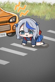 :3 all_fours amagai_ruka backpack bag blue_eyes blue_hair blue_skirt car chibi commentary_request crosswalk hair_ornament highres kiriyama_haruna long_sleeves motor_vehicle open_mouth outdoors road school_uniform skirt virtual_youtuber weather_planet