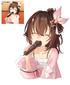 1girl ^_^ absurdres biting brown_eyes brown_hair camisole closed_eyes commentary diamond_hair_ornament english_commentary frilled_camisole frills hair_flaps hair_ornament hair_ribbon hairclip highres hololive long_hair long_sleeves microphone official_alternate_costume official_alternate_hairstyle pink_ribbon pink_shirt reference_inset ribbon saya_(sayananaaa) screenshot_inset shirt side_ponytail solo star_(symbol) star_hair_ornament tokino_sora tokino_sora_(casual) virtual_youtuber white_background