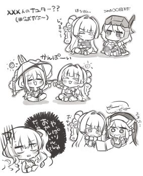 5girls :d bare_shoulders bikini blush_stickers breasts censored character_request chibi cleavage closed_eyes colored_eyelashes cross-shaped_pupils drooling goddess_of_victory:_nikke greyscale hair_intakes hand_to_own_mouth hands_up heart heart-shaped_pupils highres long_hair medium_breasts monochrome mosaic_censoring mouth_drool multiple_girls nayuta_(nikke) open_mouth rapunzel_(nikke) scarlet_(nikke) shadow simple_background sitting smile snow_white_(nikke) sun_symbol swimsuit symbol-shaped_pupils totatokeke translation_request twintails veil very_long_hair wavy_mouth white_background