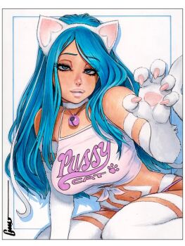 1girl animal_ears animal_hands aqua_eyes aqua_hair artist_name bare_shoulders bell blue_eyes blue_hair border breasts cat_ears cat_girl cat_paws cat_tail choker claw_pose commentary commentary_request crop_top darkstalkers english_commentary eyelashes felicia_(darkstalkers) fur_choker hairband highres jewelry large_breasts long_hair looking_at_viewer navel neck_bell necklace omar_dogan parted_bangs pink_shirt print_shirt protected_link scan seiza shadow shirt signature simple_background sitting tail tied_shirt traditional_media white_background white_border