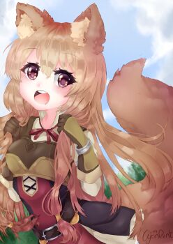 1girl :d animal_ear_fluff animal_ears armor armored_gloves artist_name belt black_dress blue_sky blush breasts brown_belt brown_gloves brown_hair cloud cloudy_sky collared_dress commentary cyan_paint dated dress elbow_gloves english_commentary eyelashes gloves hair_between_eyes hands_up high_collar highres holding holding_own_hair leaning_forward long_hair looking_at_viewer medium_breasts metal_arm_cuffs metal_wrist_cuffs neck_ribbon open_mouth outdoors pauldrons purple_eyes raccoon_ears raccoon_girl raccoon_tail raphtalia red_dress red_ribbon ribbon short_dress shoulder_armor single_pauldron sky smile solo standing straight_hair tail tate_no_yuusha_no_nariagari teeth tongue two-tone_dress upper_body upper_teeth_only white_dress