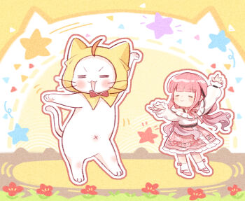 1girl =_= ahoge animal arm_up artist_request bare_shoulders belt black_belt black_bow black_ribbon blunt_bangs bow bow_legwear bowtie bra_strap cat chibi chinese_commentary cloak closed_eyes clothed_animal commentary_request dancing dot_nose ear_covers flower frilled_sleeves frills hair_bow hair_ribbon hood hood_up hooded_cloak infinity_nikki kneehighs layered_skirt light_blush long_hair long_sidelocks long_sleeves low_twintails mary_janes medium_skirt momo_(nikki) motion_lines navel nikki_(nikki) nikki_(series) off-shoulder_shirt off_shoulder official_art open_mouth outline outstretched_arm pink_bow pink_hair pink_ribbon pink_shoes pink_skirt puffy_long_sleeves puffy_sleeves red_bow red_bowtie red_flower red_outline ribbon second-party_source shirt shoes sidelocks skirt sleeves_past_wrists smile snowflake_print socks stage standing star_(symbol) traditional_bowtie tress_ribbon triangle twintails two-tone_background very_long_hair wavy_hair whiskers white_background white_cat white_outline white_shirt white_skirt white_socks yellow_background yellow_cloak