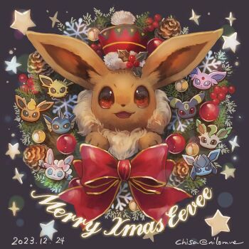 brown_eyes christmas christmas_ornaments christmas_wreath commentary_request eevee espeon flareon gen_1_pokemon gen_2_pokemon gen_4_pokemon gen_6_pokemon glaceon hat holly jolteon leafeon merry_christmas momomo12 nintendo no_humans open_mouth pinecone pokemon pokemon_(creature) ribbon smile snowflakes star_(symbol) sylveon umbreon vaporeon wreath