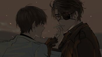 2boys black_coat black_eyes black_gloves black_hair black_shirt cigarette coat curtained_hair dark embers eyepatch gloves hand_on_another's_hand highres holding holding_cigarette keomikan kim_dokja looking_at_another male_focus multiple_boys omniscient_reader's_viewpoint shirt short_hair upper_body white_coat yoo_joonghyuk yoo_joonghyuk_(999th_turn)
