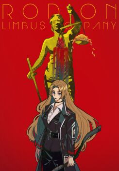 1girl axe belt black_belt black_choker black_coat black_pants black_vest blue_eyes brown_hair choker coat coin collared_shirt cowboy_shot heart_(organ) holding holding_axe lapels limbus_company long_hair looking_at_viewer m_ttl notched_lapels pants parted_bangs parted_lips project_moon red_background rodion_(project_moon) scales shirt simple_background solo statue very_long_hair vest white_shirt