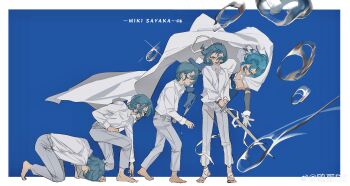 1girl absurdres all_fours alternate_costume armlet bandaged_foot bandages bare_shoulders barefoot blue_background blue_eyes blue_footwear blue_hair blue_shirt boots border bubble cape cape_hold character_name chinese_commentary closed_eyes closed_mouth collared_shirt commentary_request cum cum_on_body detached_sleeves determined dress_pants floating_cape floating_hair fortissimo frilled_shirt frills gloves grey_pants grey_sleeves hair_ornament hairclip highres holding holding_sword holding_weapon jewelry jumping long_sleeves magical_girl mahou_shoujo_madoka_magica mahou_shoujo_madoka_magica_(anime) miki_sayaka miki_sayaka_(magical_girl) musical_note musical_note_hair_ornament one_eye_covered open_mouth ouge_dz outside_border pants pocket sequential shirt short_hair smile standing strapless strapless_shirt sword toenails toes two-tone_shirt watermark weapon weibo_watermark white_border white_cape white_gloves white_shirt