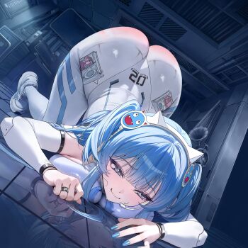 Rule 34 | 1girl, all fours, alternate costume, ass, blue eyes, blue hair, blush, bodysuit, breast press, breasts, goddess of victory: nikke, headset, jiggle, long hair, open mouth, red ass, shifty (nikke), spanked, top-down bottom-up, very long hair