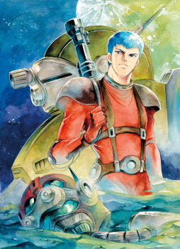 1980s_(style) 1boy agahari armored_trooper belt blue_eyes blue_hair bodysuit brown_belt chest_harness chirico_cuvie closed_mouth commentary_request elbow_pads full_moon harness helmet holding_strap male_focus manly mecha mecha_pilot_suit moon oldschool orange_bodysuit retro_artstyle robot rocket_launcher scopedog short_hair shoulder_pads sky solo soukou_kihei_votoms star_(sky) starry_sky unworn_headwear unworn_helmet very_short_hair weapon weapon_on_back