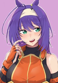 1girl ahoge animal_ears bare_shoulders blue_hair blush breasts commentary detached_sleeves embarrassed english_commentary fire_emblem fire_emblem:_radiant_dawn green_eyes hair_between_eyes hairband highres horse_ears horse_girl large_breasts long_hair mia_(fire_emblem) nintendo solo umamusume upper_body vialnite white_hairband