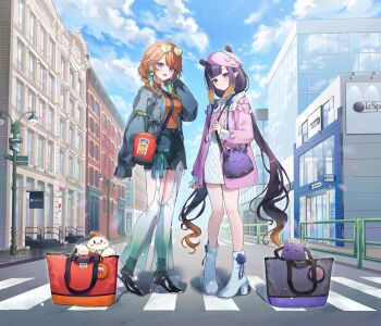 :d absurdres arm_up artist_request bag black_boots black_shorts blue_sky blunt_bangs boots braid breasts center-flap_bangs check_artist closed_mouth cloud commentary crosswalk day dress earrings english_commentary eyewear_on_head feather_earrings feathers full_body green_feathers green_hair grey_eyes grey_jacket hair_flaps heart heart-shaped_eyewear high_heel_boots high_heels highres hololive hololive_english jacket jewelry kfp_employee_(takanashi_kiara) long_hair looking_at_viewer low_twin_braids low_twintails medium_breasts medium_hair ninomae_ina&#039;nis ninomae_ina&#039;nis_(artist) official_art open_mouth orange_hair orange_sweater outdoors pants pink_jacket pointy_ears purple_eyes purple_hair quilted_dress ribbed_sweater road see-through_clothes see-through_pants shorts shoulder_bag sidelocks sky sleeves_past_wrists smile street sunglasses sweater swept_bangs takanashi_kiara takodachi_(ninomae_ina&#039;nis) tentacle_hair turtleneck turtleneck_sweater twin_braids twintails very_long_hair virtual_youtuber white_boots white_dress white_pants