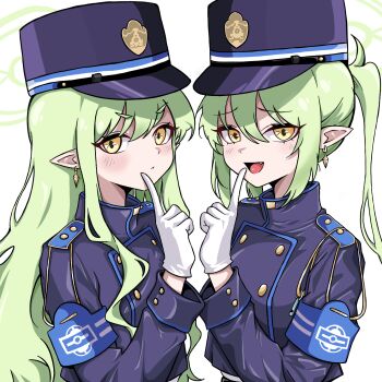 2girls armband blue_archive green_hair hat highres hikari_(blue_archive) long_hair multiple_girls nozomi_(blue_archive) school_uniform simple_background twintails user_pstz8335 white_background