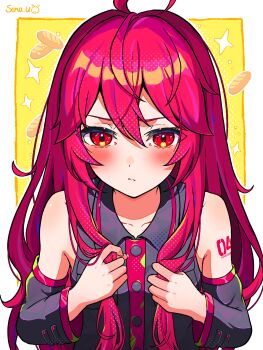 1girl alternate_hairstyle arm_tattoo blush closed_mouth collarbone detached_sleeves frown grey_shirt grey_sleeves hair_between_eyes hair_down highres holding holding_own_hair kasane_teto kasane_teto_(utau) long_hair looking_at_viewer red_eyes red_hair shirt sleeveless sleeveless_shirt solo straight_hair tattoo upper_body utau uzuki_sena very_long_hair wing_collar yellow_background