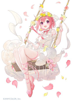 1girl ahoge alternate_costume ankle_lace-up ankle_ribbon asymmetrical_legwear blush bow bowtie breasts commentary_request company_name copyright_notice corset detached_sleeves double-parted_bangs dress falling_petals fang flower flower_in_footwear flower_wreath framed_breasts frilled_dress frills full_body fuumi_(radial_engine) halter_dress halterneck jewelry layered_dress leg_ribbon looking_at_viewer mary_janes mole mole_under_eye necklace nijisanji official_art on_swing petals pink_bow pink_bowtie pink_eyes pink_flower pink_hair pink_shoes puffy_detached_sleeves puffy_sleeves ribbon ring sample_watermark sasaki_saku shoes short_hair simple_background sitting small_breasts smile solo swing swing_set swinging_on_swing thigh_strap very_big_eyes virtual_youtuber watermark white_background white_dress white_flower yellow_flower