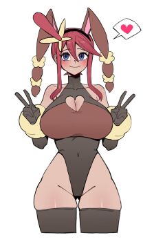 1girl 7a_(se7ena) alternate_breast_size_(larger) alternate_costume animal_ear_hairband animal_ears black_gloves black_leotard black_thighhighs blue_eyes blush breasts cleavage cleavage_cutout closed_mouth clothing_cutout commentary cosplay covered_collarbone covered_navel cropped_legs double-parted_bangs double_v elbow_gloves english_commentary fake_animal_ears gen_4_pokemon gloves groin hair_between_eyes hair_ornament hairband hands_up heart heart_cutout highleg highleg_leotard highres huge_breasts leotard looking_at_viewer lopunny mega_lopunny mega_lopunny_(cosplay) mega_pokemon nintendo one_side_up pokemon pokemon_bw rabbit_ear_hairband rabbit_ears red_hair short_hair_with_long_locks sidelocks skindentation skyla_(pokemon) smile solo speech_bubble spoken_heart thick_thighs thighhighs thighs v