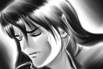 1boy black_hair cinemairon closed_eyes crying elf eyelashes maglor male_focus monochrome pointy_ears solo tears the_silmarillion tolkien&#039;s_legendarium