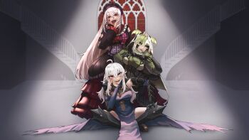 1boy 2girls absurdres ahoge antennae arthropod_girl black_gauntlets black_sclera blue_dress blue_eyes bodysuit breasts clawed_gauntlets colored_sclera cracked_skin dress extra_arms fangs frilled_dress frills gauntlets general_geega general_geega_(1st_costume) green_bodysuit green_eyes green_hair grey_hair hair_between_eyes heterochromia highres indie_virtual_youtuber insect_girl insect_wings jowol juniper_actias juniper_actias_(lab) large_breasts leg_armor leotard long_hair long_sleeves mannequin monster_girl moth_antennae moth_girl moth_hair_ornament moth_wings multiple_girls open_mouth pointy_ears red_eyes see-through_cleavage see-through_clothes see-through_leotard single_gauntlet sitting smile thamruli thighs victorian virtual_youtuber white_hair wings