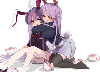 2girls :o ;d animal_ears artist_collaboration black_jacket black_thighhighs blazer breasts commentary convenient_censoring crescent crescent_pin diagonal-striped_clothes diagonal-striped_necktie dual_persona english_commentary grey_skirt gumingdi_ban highres housulu hug jacket kneeling knees_up long_hair medium_breasts multiple_girls necktie one_eye_closed open_mouth purple_hair rabbit_ears rabbit_girl rabbit_tail red_eyes reisen_udongein_inaba selfcest sitting skirt smile straight_hair striped_clothes tail thighhighs touhou twitter_username very_long_hair white_background white_rabbit_(animal) white_thighhighs |_|