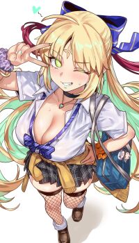 1girl absurdres ahoge alternate_breast_size_(larger) alternate_costume artoria_caster_(fate) artoria_caster_(third_ascension)_(fate) artoria_pendragon_(fate) black_skirt blonde_hair blue_ribbon blush bow bowtie bracelet breasts brown_shoes choker cleavage collared_shirt colored_inner_hair contemporary ebora facial_mark fate/grand_order fate_(series) fishnet_thighhighs fishnets forehead_mark green_eyes green_hair grin hair_ribbon highres jewelry lipstick loafers long_hair looking_at_viewer makeup miniskirt multicolored_hair necklace one_eye_closed pendant revision ribbon scrunchie shirt shoes short_sleeves skirt smile thighhighs twintails white_shirt wrist_scrunchie