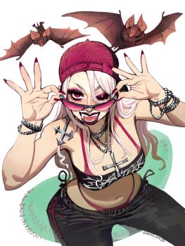 1girl adjusting_eyewear alternate_costume backwards_hat bandeau baseball_cap bat_(animal) black_bandeau black_pants black_tube_top bra_strap bracelet breasts commission contemporary cowboy_shot crop_top cross cross_necklace eyeshadow fangs fingernails from_above hands_on_eyewear hat highres jewelry lipstick long_eyelashes long_fingernails long_hair looking_at_viewer looking_up makeup medium_breasts multiple_bracelets multiple_necklaces nail_polish namnums navel necklace one_eye_closed open_mouth overlord_(maruyama) pants panty_straps pink-tinted_eyewear pink_hat purple_eyeshadow purple_lips purple_nails red_eyes shalltear_bloodfallen sharp_fingernails sitting smile solo strapless sunglasses tinted_eyewear tube_top vampire white_hair y2k_fashion