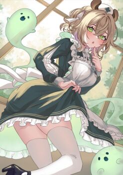 1girl animal_ears apron black_shoes brown_hair buttons commentary crossed_bangs dress english_commentary frilled_apron frilled_dress frills green_eyes hair_between_eyes hat indie_virtual_youtuber long_sleeves naplings_(nimi_nightmare) nimi_nightmare nurse_cap open_mouth shoes tapir_ears tapir_girl ten-chan_(eternal_s) thighhighs virtual_youtuber white_apron white_hat white_thighhighs