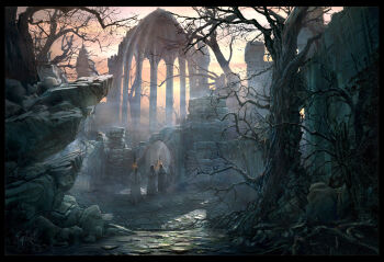 3boys arch bare_tree branch brick_wall cloak commentary dusk english_commentary fog highres hood hooded_cloak lantern multiple_boys original painterly plant_roots raphael-lacoste rock ruins scenery signature sky tree white_cloak yellow_sky