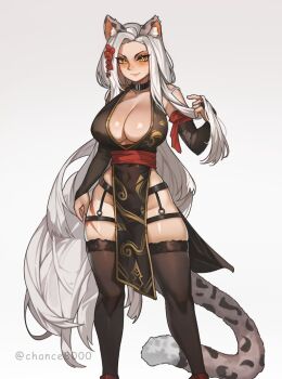 1girl animal_ear_fluff animal_ears black_bridal_gauntlets black_thighhighs breasts bridal_gauntlets chance8000 cleavage closed_mouth commentary commission dress english_commentary feet_out_of_frame flower garter_straps hair_flower hair_ornament hand_up holding holding_own_hair large_breasts long_hair looking_at_viewer original pelvic_curtain simple_background sleeveless sleeveless_dress smile snow_leopard_ears snow_leopard_girl snow_leopard_tail solo tail thighhighs thighs very_long_hair white_background white_dress white_hair yellow_eyes