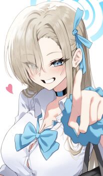 1girl asuna_(blue_archive) asuna_(school_uniform)_(blue_archive) black_choker blue_archive blue_bow blue_bowtie blue_eyes blue_halo blue_nails blue_ribbon blue_scrunchie blurry blush bow bowtie breasts brown_hair button_gap choker cleavage collared_shirt commentary depth_of_field dress_shirt eyelashes eyes_visible_through_hair grin hair_over_one_eye hair_over_shoulder hair_ribbon halo hand_up happy heart highres index_finger_raised large_breasts long_hair looking_at_viewer nail_polish official_alternate_costume pineap000 pointing pointing_at_viewer ribbon school_uniform scrunchie shirt simple_background smile solo straight_hair upper_body white_background white_shirt wrist_scrunchie