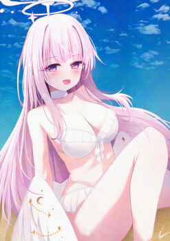 1girl absurdres angel_wings bare_arms bare_shoulders bikini blue_archive blush breasts choker cleavage collarbone commentary_request crescent feathered_wings frilled_bikini frills halo highres large_breasts long_hair looking_at_viewer low_wings mika_(blue_archive) mika_(swimsuit)_(blue_archive) navel noger_(hibiki2542) official_alternate_costume official_alternate_hairstyle open_mouth pink_eyes pink_hair pink_halo smile solo stomach swimsuit very_long_hair white_bikini white_choker white_wings wing_ornament wings yellow_eyes